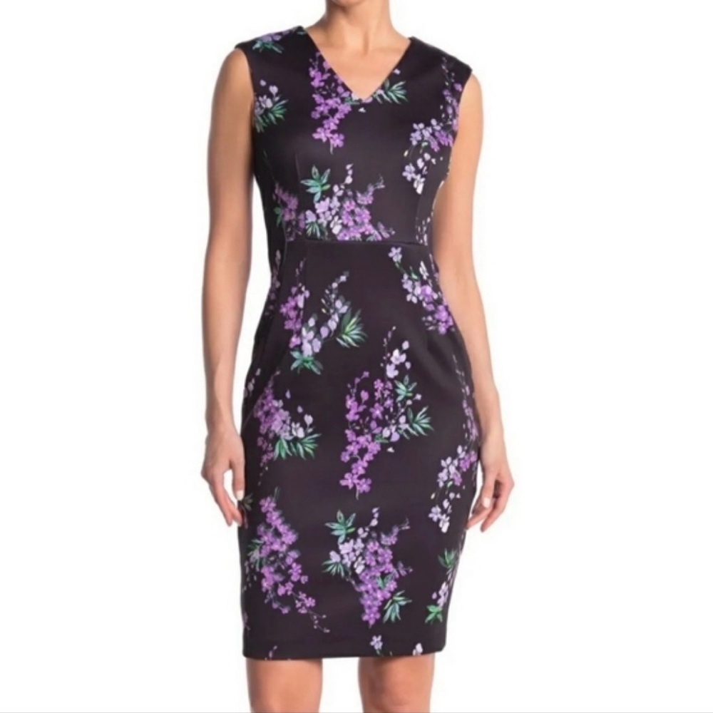 Tahari Black and Purple Floral Midi Dress